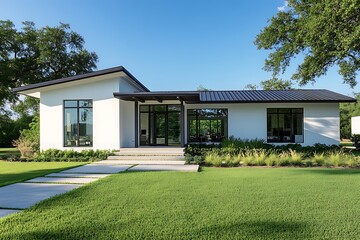 A stunning modern white farmhouse surrounded by tall trees, featuring a large front lawn and striking architectural design, offering a serene and luxurious living environment