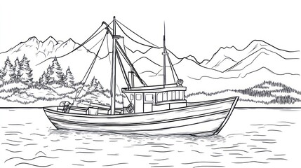 Fishing boat sketch on water with mountains