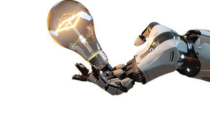 Robotic hand holding illuminated lightbulb: A robotic hand elegantly presents a glowing lightbulb, symbolizing innovation and the bright sparks of technology. 