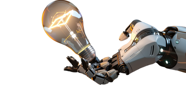 Robotic hand holding illuminated lightbulb: A robotic hand elegantly presents a glowing lightbulb, symbolizing innovation and the bright sparks of technology. 