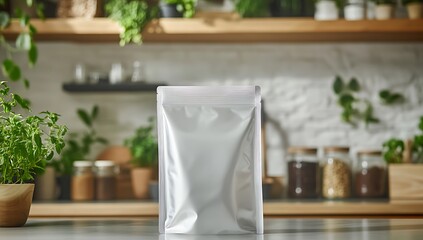 A sleek, white packaging pouch placed on a kitchen countertop, surrounded by plants and jars, perfect for product branding or food packaging mockups