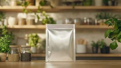 A sleek, white packaging pouch placed on a kitchen countertop, surrounded by plants and jars, perfect for product branding or food packaging mockups