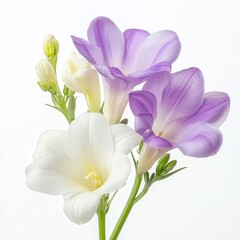 Naklejka premium Elegant Arrangement of White and Purple Freesia Flowers on White Background