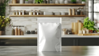 A clean and simple white packaging bag placed on a kitchen counter, with a modern kitchen background, ideal for product packaging or branding mockups