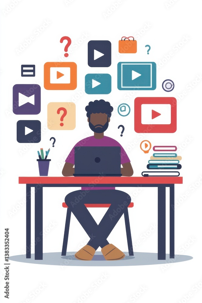 Poster man working at desk surrounded by colorful multimedia icons