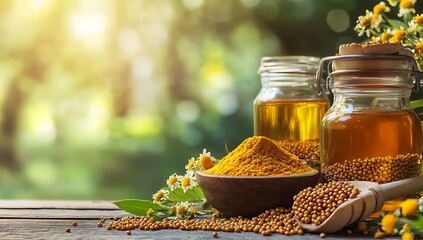 A rustic scene with jars of honey, mustard seeds, and turmeric powder, complemented by fresh herbs and flowers, creating a warm and natural ambiance