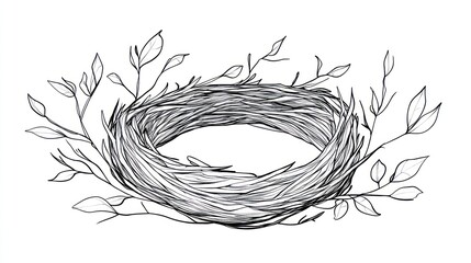 Elegant bird's nest drawing, nature design, illustration, printable art, perfect for wall decor