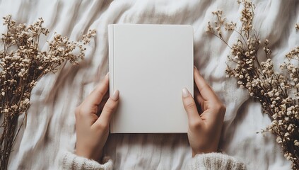 A peaceful scene of a person holding a blank notebook surrounded by dried flowers, set on a soft white fabric, evoking a calm and serene atmosphere