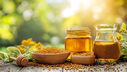 A rustic scene with jars of honey, mustard seeds, and turmeric powder, complemented by fresh herbs and flowers, creating a warm and natural ambiance