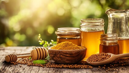 A beautiful display of honey jars, honey dipper, and natural grains on a wooden surface, surrounded by fresh herbs and flowers, evoking a rustic, organic feel
