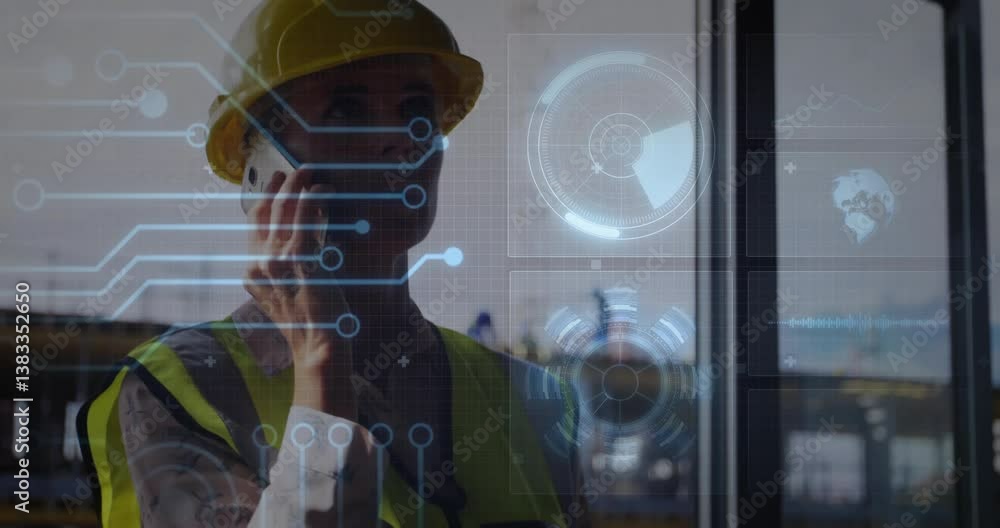 Aufkleber using smartphone, construction worker viewing futuristic data animation in workplace