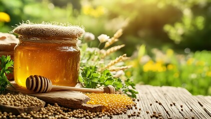 A rustic setting featuring jars of honey, adorned with twine, accompanied by a sunflower and fresh herbs, creating a natural and organic ambiance