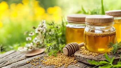 A rustic setting featuring jars of honey, adorned with twine, accompanied by a sunflower and fresh herbs, creating a natural and organic ambiance