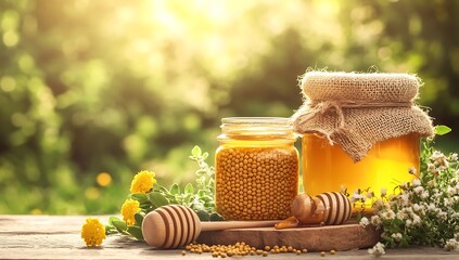 A rustic setting featuring jars of honey, adorned with twine, accompanied by a sunflower and fresh herbs, creating a natural and organic ambiance