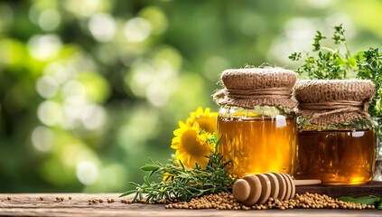 A rustic setting featuring jars of honey, adorned with twine, accompanied by a sunflower and fresh herbs, creating a natural and organic ambiance