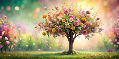 A stunning floral tree with vibrant flowers and lush greenery against a soft pastel background, trees