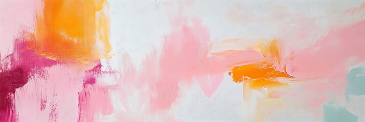 An abstract painting featuring soft strokes of pink, orange, and white hues, creating a vibrant yet calming artistic composition