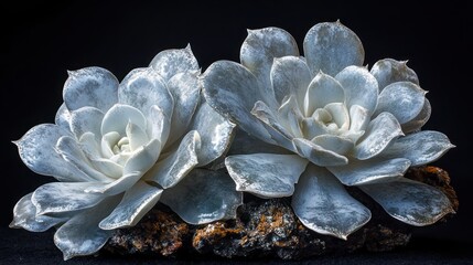Dusty succulents studio shot, dark background, botanical print
