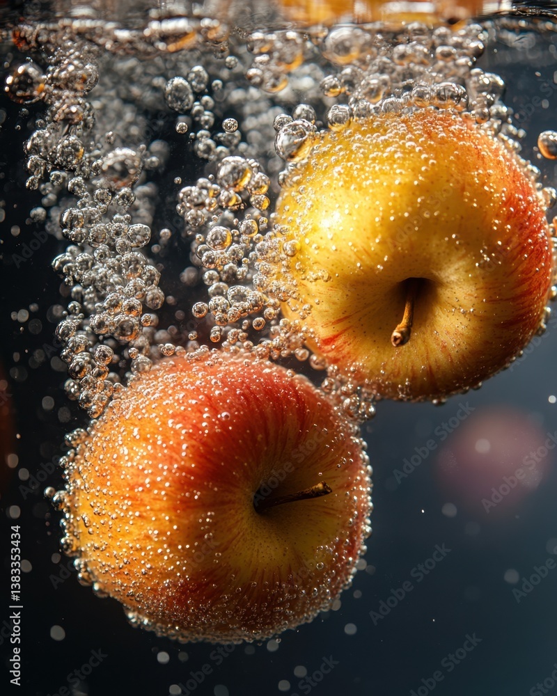 Poster apples submerged in water with bubbles creating a refreshing and dynamic visual effect showcasing fr