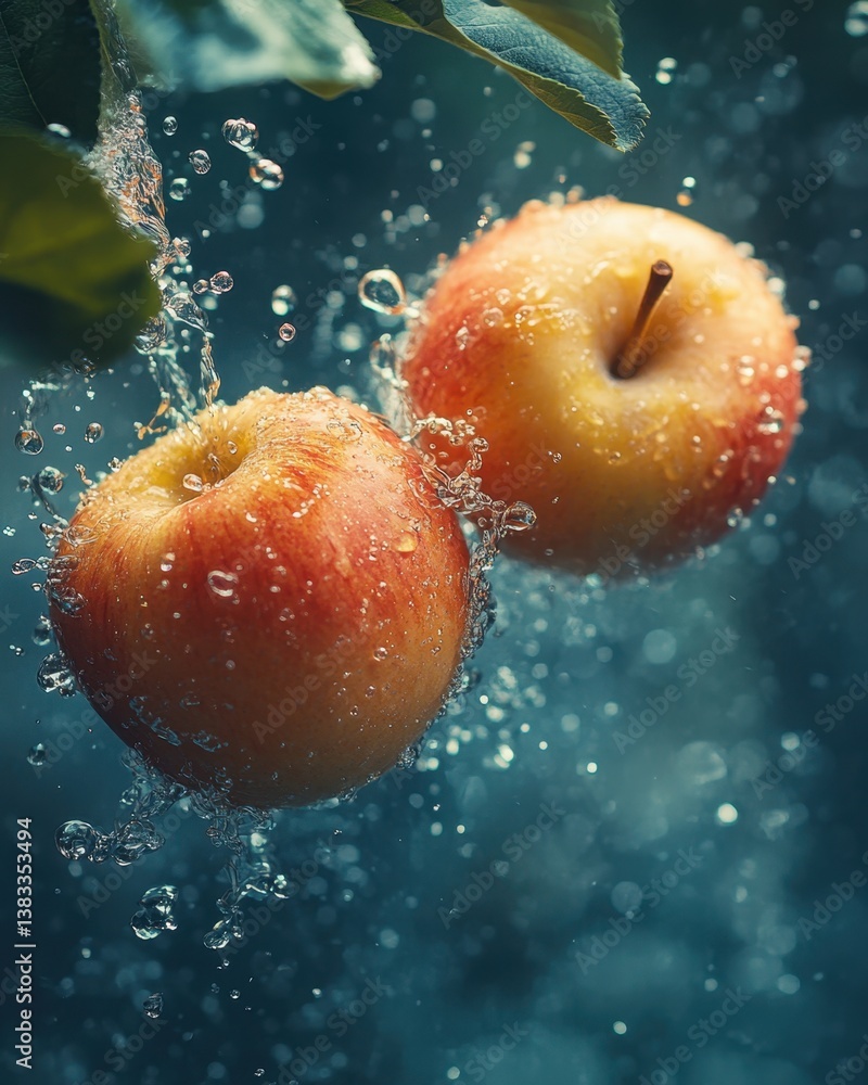 Poster two fresh apples with water droplets creating a dynamic splash against a blurred blue background stu