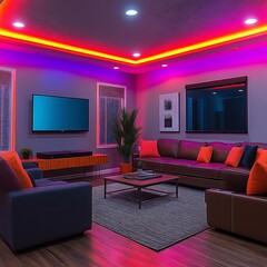 Colorful LED strip lights illuminate modern living room