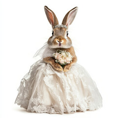 Obraz premium Bridal Bunny: A charming bunny rabbit adorned in a wedding dress, complete with a veil and holding a bouquet of flowers.