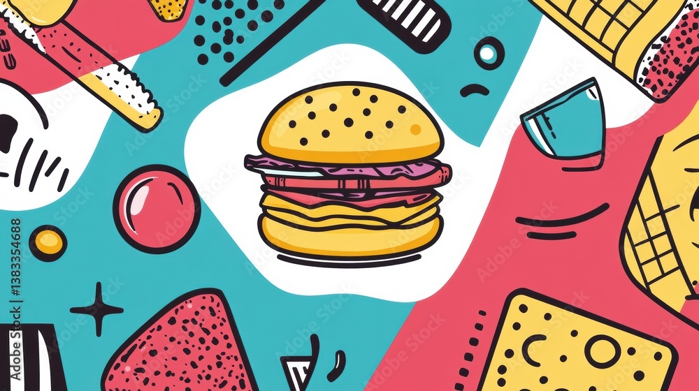 Aufkleber vibrant memphis-style pop-art with floating abstract food shapes and bold geometric designs creates 