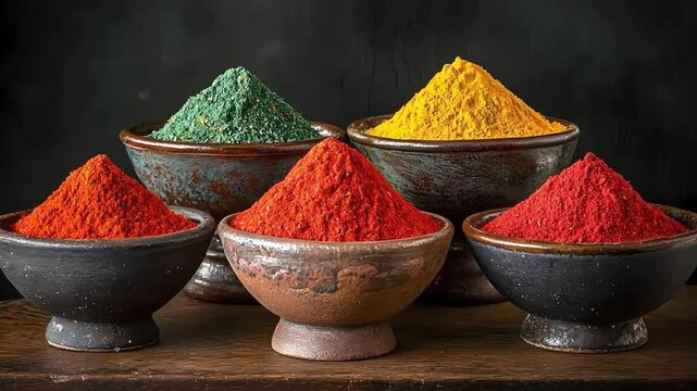Vibrant assortment of colorful spices in rustic bowls.  Perfect for food blogs, cookbooks, and culinary websites.