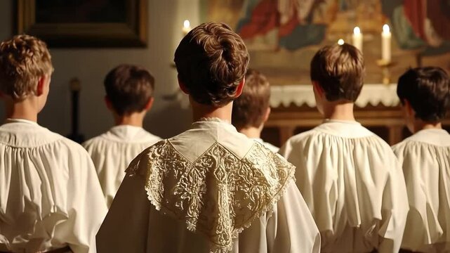 Choir boys in ornate white robes sing in a dimly lit church.  A painting hangs above the altar.