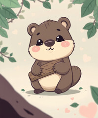 Adorable cartoon otter holds a stick while surrounded by leafy branches and soft pastel hearts