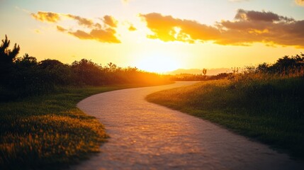 Fototapeta premium Winding path through grassy field at sunset.