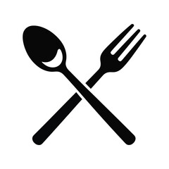 Black silhouette of crossed spoon and fork icon on white background representing food, dining, or restaurant concept