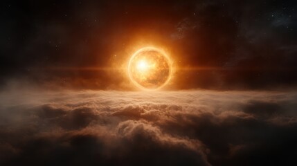 Fototapeta premium Experience the breathtaking beauty of a sun rising majestically above a sea of clouds, epitomizing the mesmerizing connection between nature and the cosmos in stunning detail.