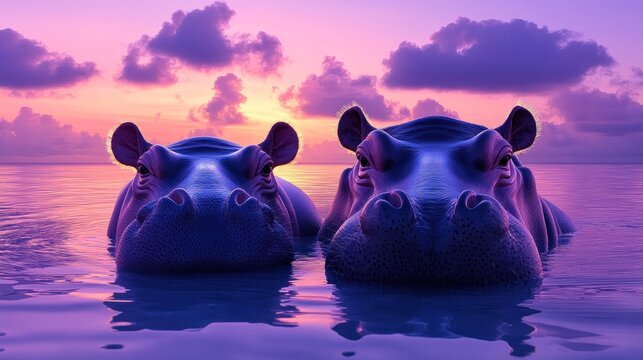 Two hippos in calm water at sunset.