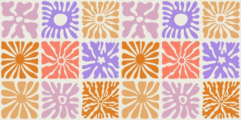 Vector seamless pattern in simple floral wavy and groovy naive style, ocean and vacation theme,  flowers and plants, floral botanic hand drawn design templates, modern art prints, surface design