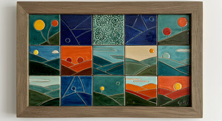 Unique Hand-Painted Tile Art Depicting Varied Landscapes in Wooden Frame