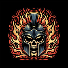 Vector Illustration of Skull head wear Spartan helmet with flame fire outside