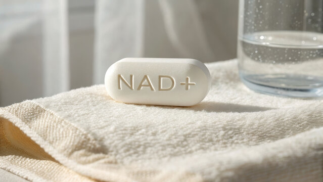 Minimal white capsule with embossed AND+ letters standing upright on a soft cream microfiber cloth