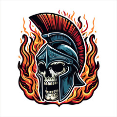 Vector Illustration of Skull head wear Spartan helmet with flame fire outside