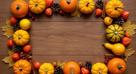 Autumn Harvest Frame: Pumpkins, gourds, and fall foliage on wood AI Generated