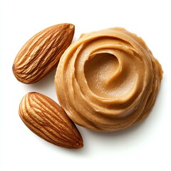 Fototapeta premium Creamy almond butter with whole almonds on a white background.