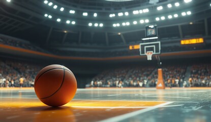 Orange Basketball on Hardwood Court in Brightly Lit Arena