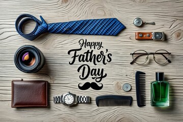 Top view men's accessories and clothes concept. Card with sign greeting text happy father's day.