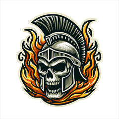 Vector Illustration of Skull head wear Spartan helmet with flame fire outside