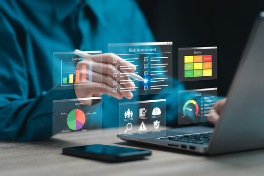 Risk assessment checklist concept, Businesswomen checklist on online document assessment tools, Safety management, Reduce risk, Evaluation measure analytics, Risk matrix,Safety Planning, Success level