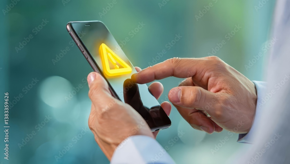 Poster system hacked warning alert, man using smartphone with cyber attack network, virus, spyware.