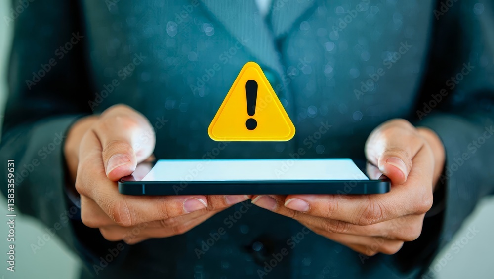 Poster system hacked warning alert, man using smartphone with cyber attack network, virus, spyware.