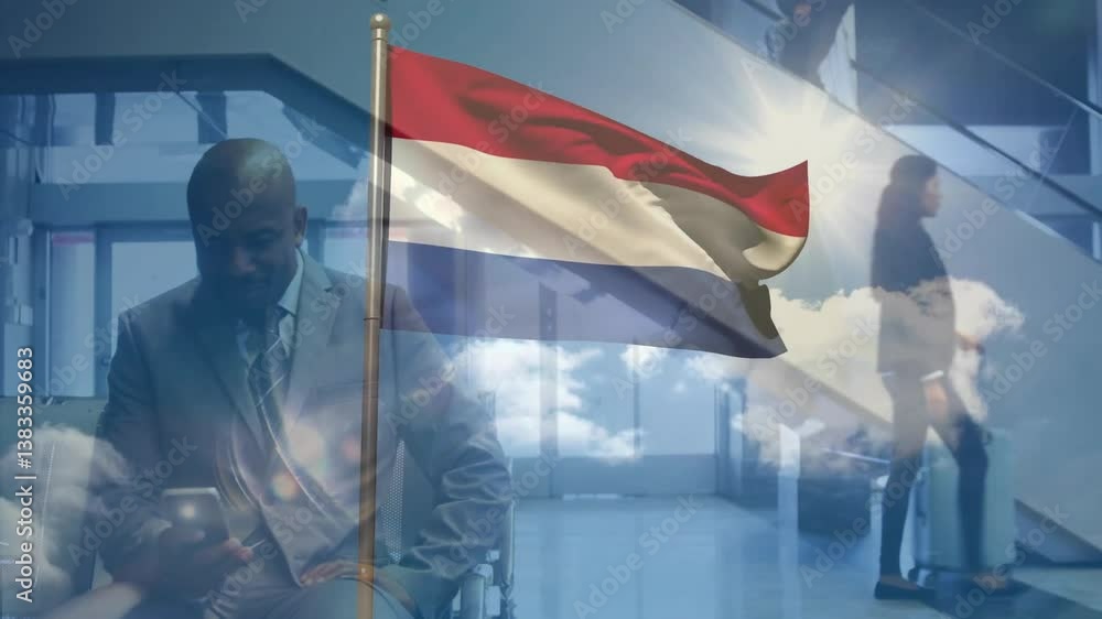 Poster using smartphone, businessman with netherlands flag and clouds animation in office