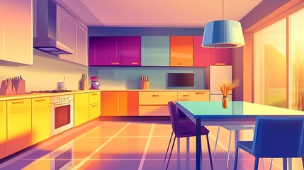 Colorful cartoon kitchen, viewed from a fixed camera angle, is well lit by sunlight. The room is an illustration uploaded to a stock content website.

