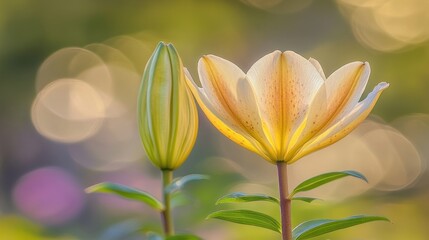 Obraz premium Close-up of a blossomed and an unblossomed pale yellow lily against a bokeh background.